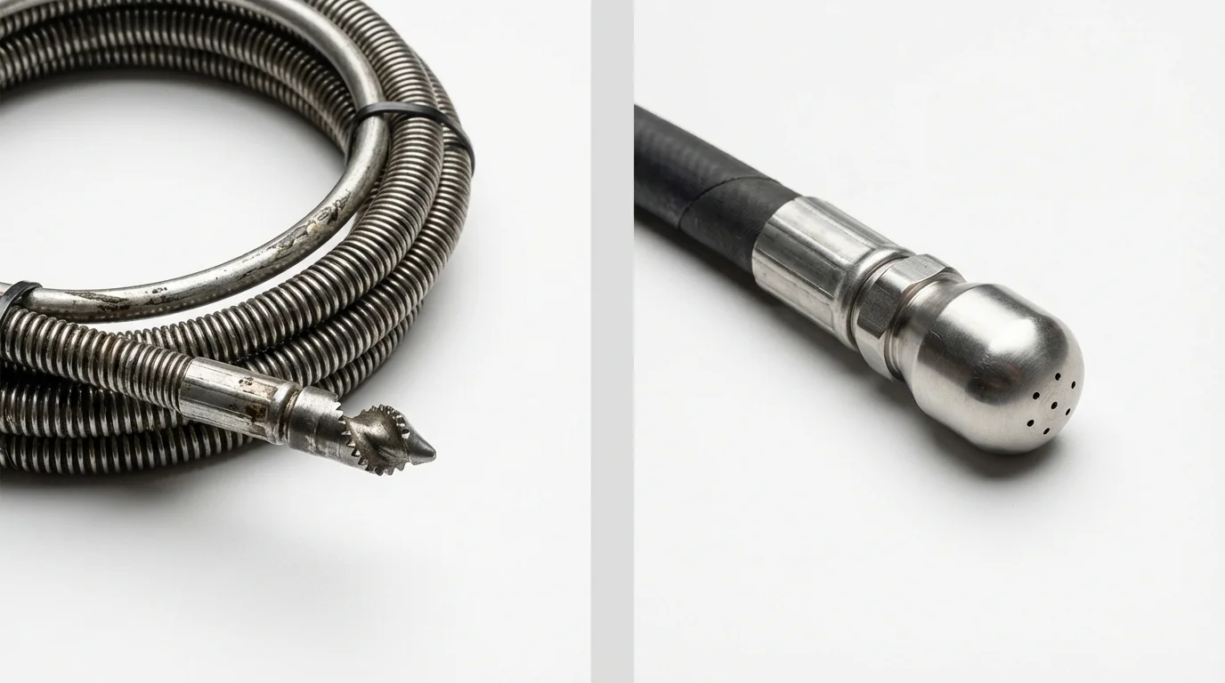 Drain snake cable and hydro jetting nozzle used for drain cleaning in Hamilton, GA
